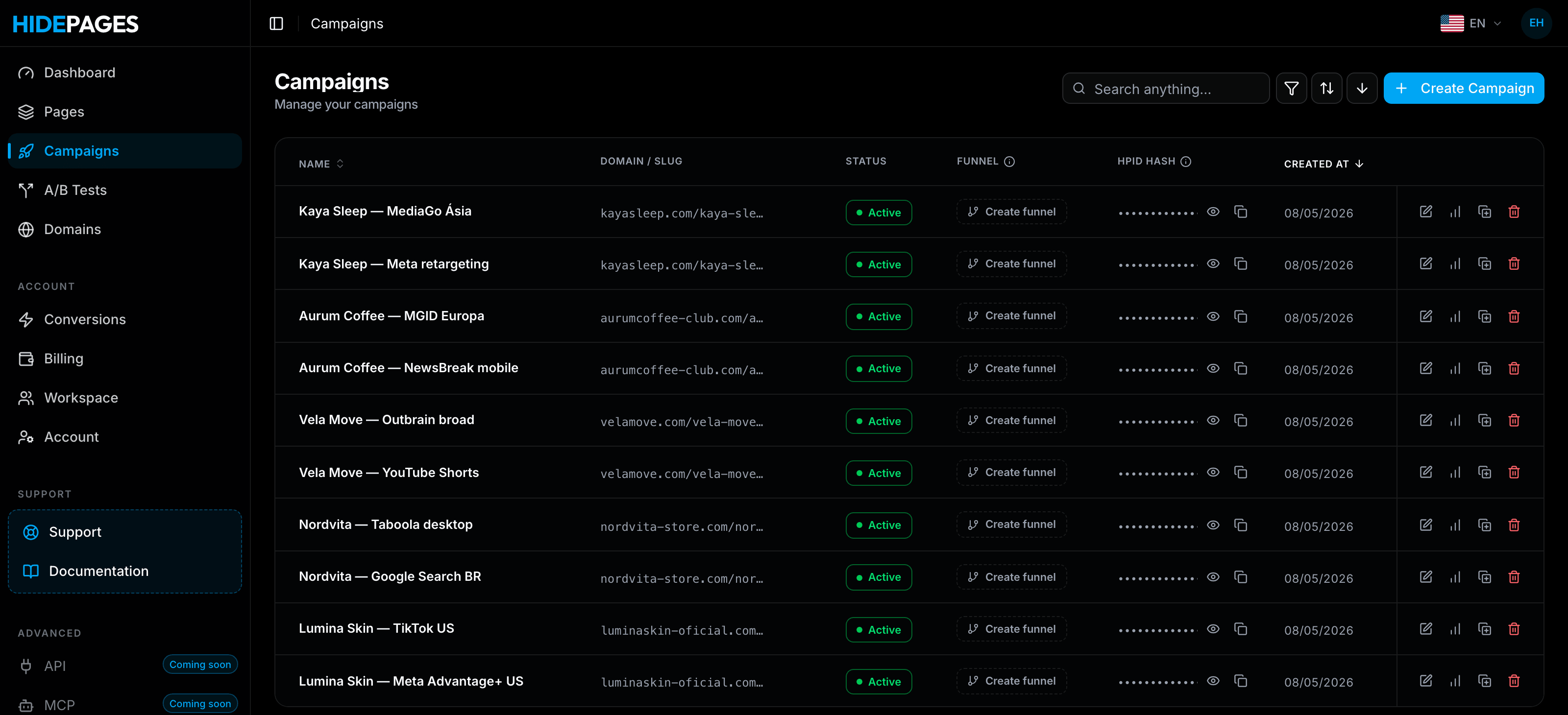 HidePages campaigns screen, showing the domain, slug, status and funnel of each campaign.