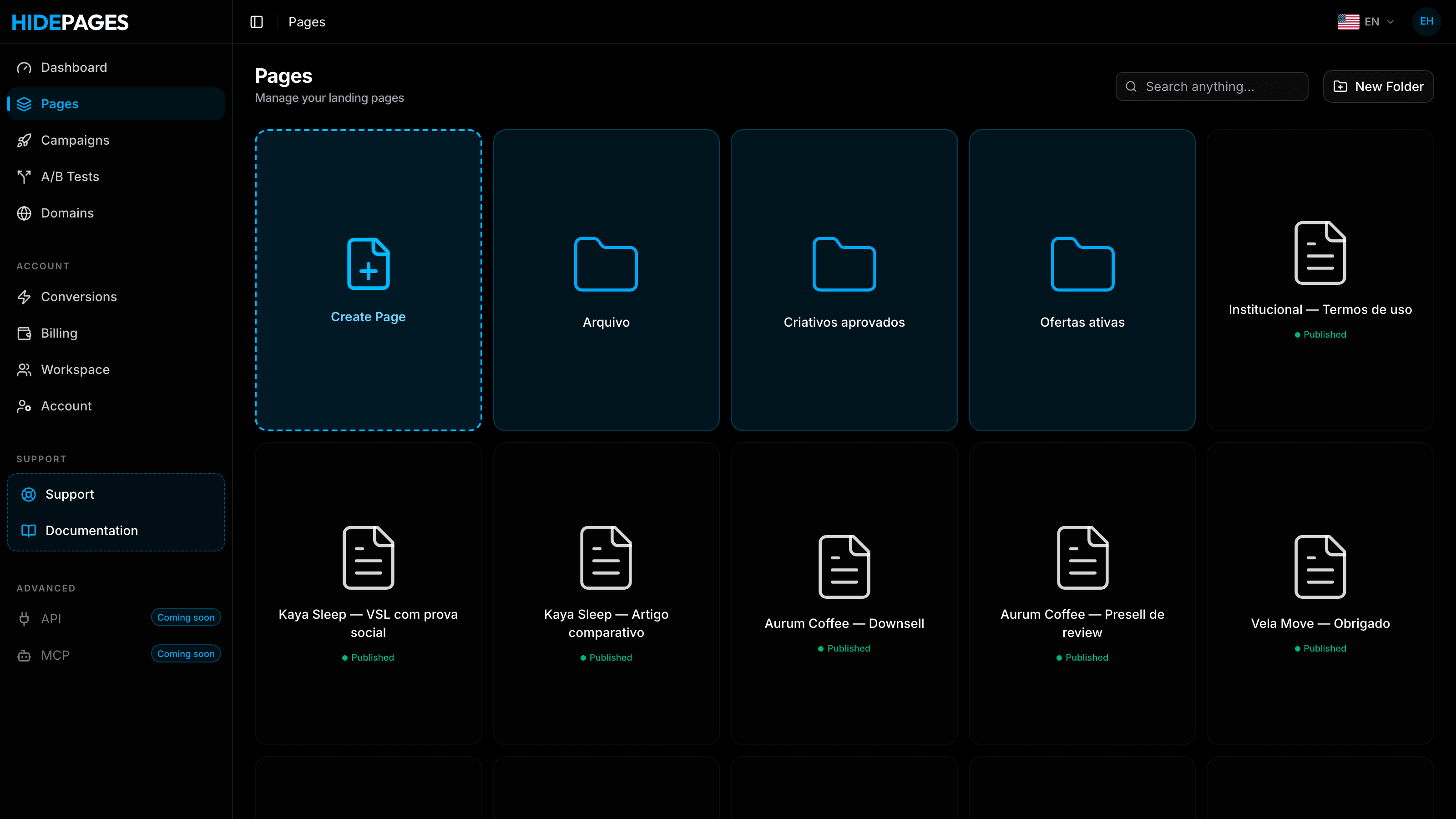 HidePages pages screen, showing folders and published pages.