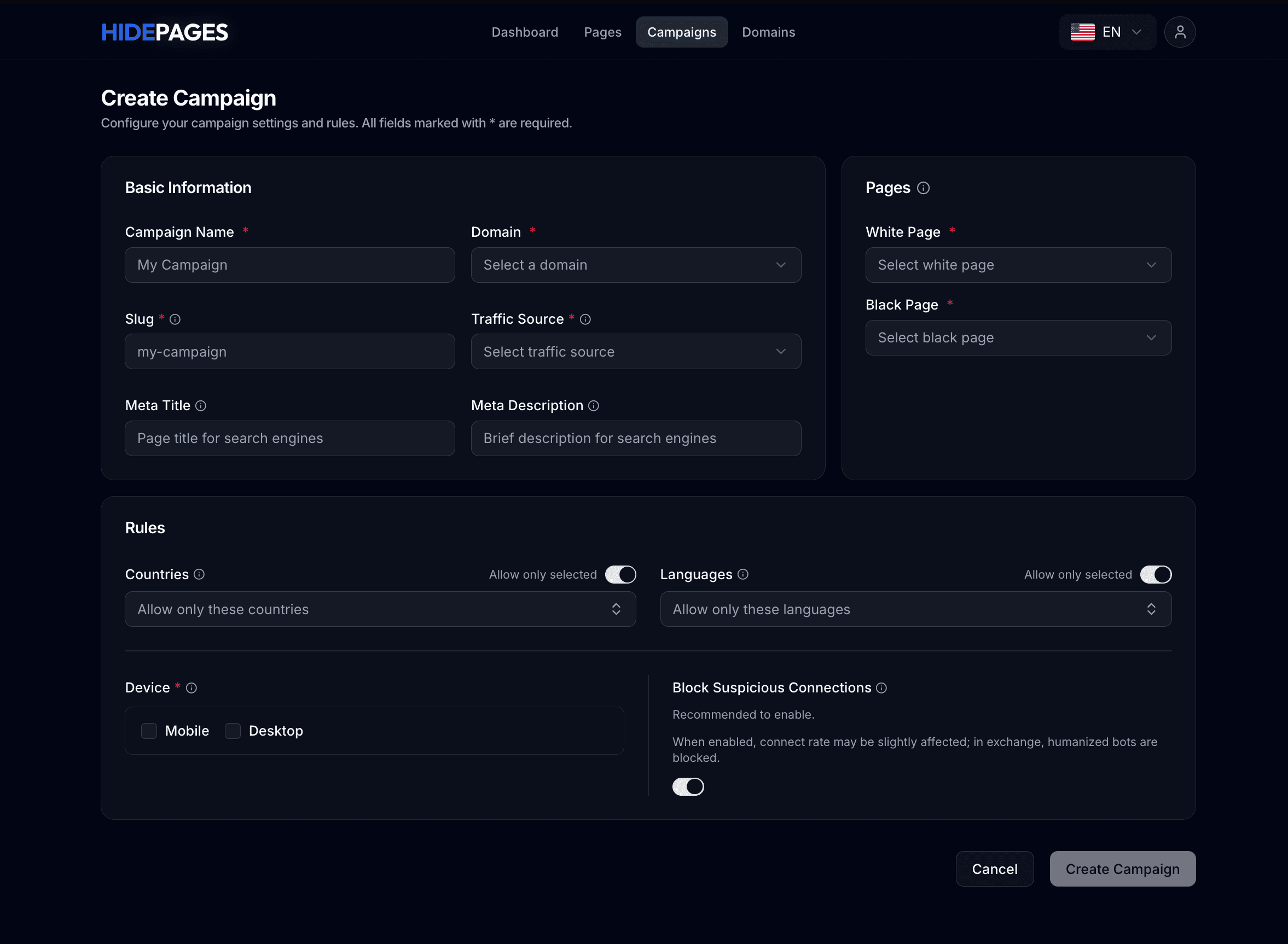 HidePages Create Campaign: white and black pages, traffic source, geo and language rules, device targeting, and Block Suspicious Connections