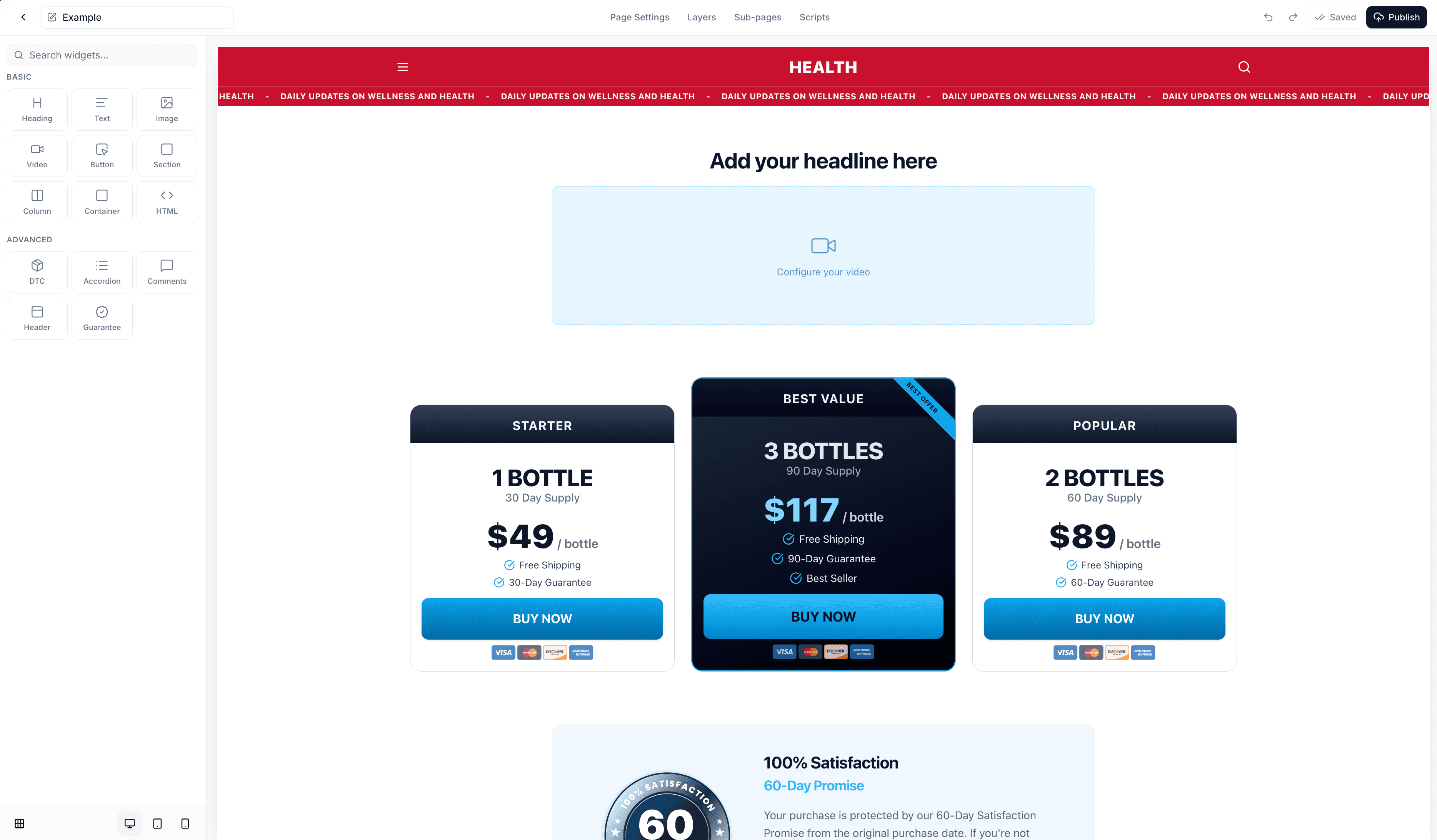 HidePages page builder: drag-and-drop widgets, layers, device preview, and publish for landing pages in one product
