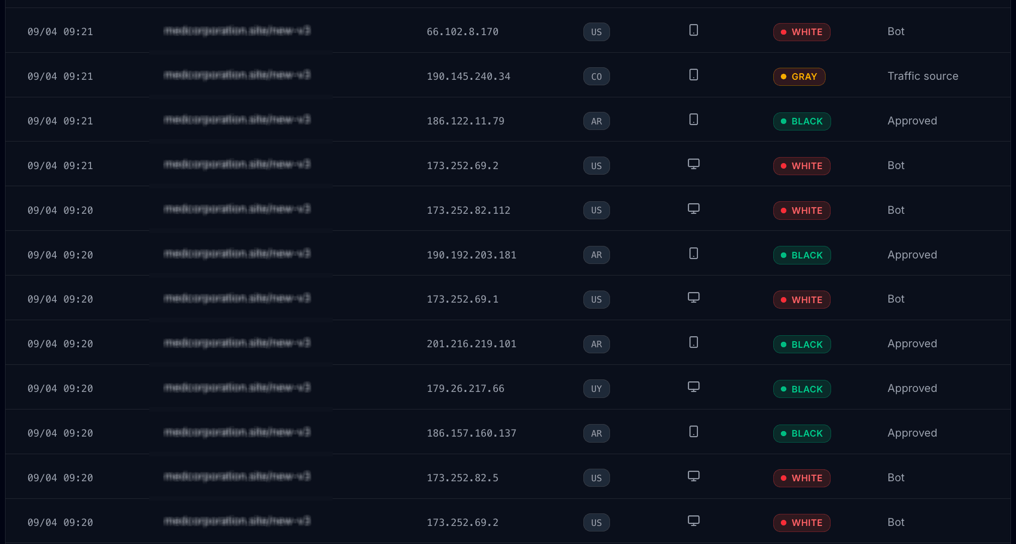 HidePages access logs: real-time view of traffic with Bot, Traffic source, and Approved classifications by country and device